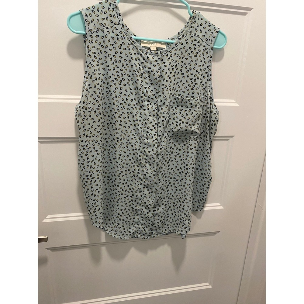 LOFT Ann Taylor Blue Geometric Seed Print Sleeveless Button Front Blouse Large